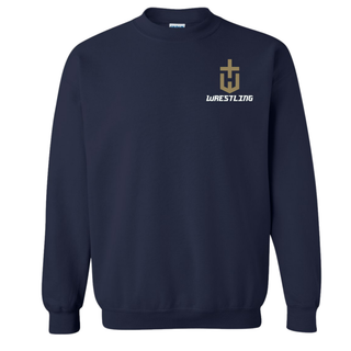 Navy crewneck sweatshirt with a small gold H emblem topped with a cross and white italic Wrestling lettering on the left chest