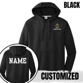 Black performance hoodie with a gold pocket crest emblem and white Wrestling on the left chest and a customized name printed in white on the back