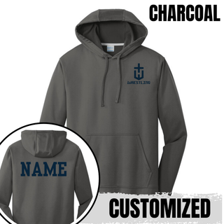 Charcoal performance hoodie with a navy pocket crest emblem on the left chest and a customized name printed in navy on the back