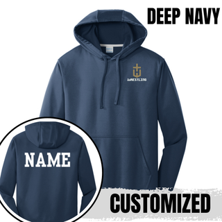 Deep navy performance hoodie with a gold pocket crest emblem and white Wrestling on the left chest and a customized name printed in white on the back