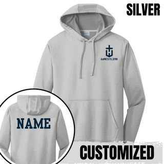 Silver performance hoodie with a navy pocket crest emblem on the left chest and a customized name printed in navy on the back