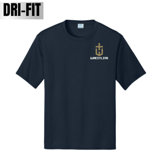 Deep navy performance tee with a small gold shield-shaped H emblem topped with a cross and white Wrestling lettering on the left chest