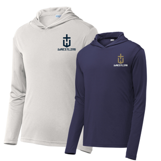 Silver and true navy PosiCharge hooded pullovers with a small pocket crest emblem and Wrestling lettering on the left chest
