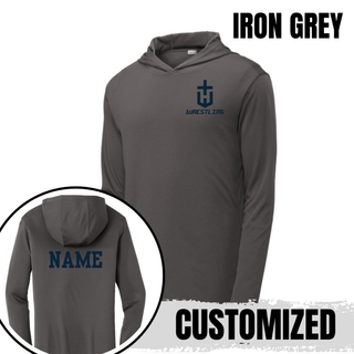 Iron grey PosiCharge hooded pullover with a navy pocket crest emblem on the left chest and a customized name printed in navy on the back