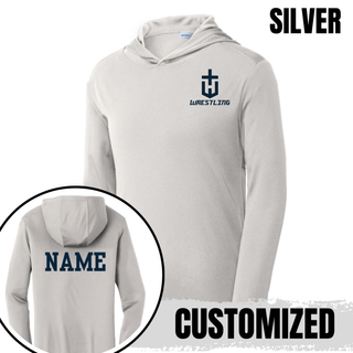 Silver PosiCharge hooded pullover with a navy pocket crest emblem on the left chest and a customized name printed in navy on the back