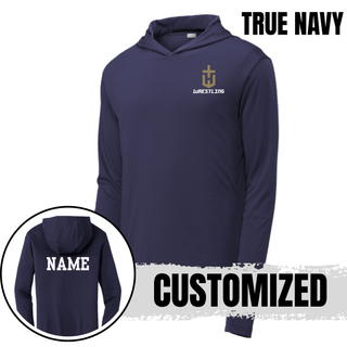 True navy PosiCharge hooded pullover with a gold pocket crest emblem and white Wrestling on the left chest and a customized name printed in white on the back