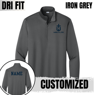 Iron grey PosiCharge quarter-zip with a navy pocket crest emblem on the left chest and a customized name printed in navy on the back