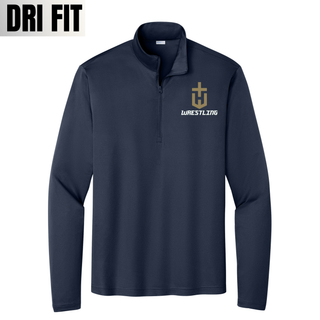 True navy PosiCharge quarter-zip with a gold pocket crest emblem and white Wrestling on the left chest