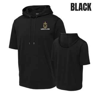 Hayden Wildcats Wrestling Champion Pocket Crest Short Sleeve Hooded Pullover in Black with a gold shield H emblem and white Wrestling lettering