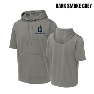 Hayden Wildcats Wrestling Champion Pocket Crest Short Sleeve Hooded Pullover in Dark Smoke Grey with a navy shield H emblem and navy Wrestling lettering