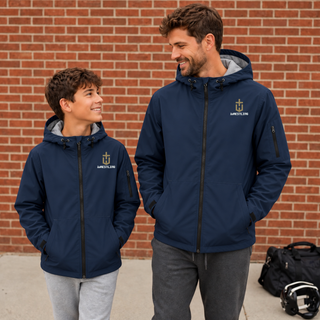 Youth and adult models wearing navy waterproof insulated jackets with a gold pocket crest emblem and white Wrestling on the left chest