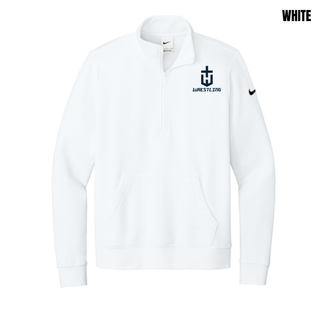 Hayden Wildcats Wrestling Champion Pocket Crest Women's Club Fleece Half-Zip in White with a navy shield H emblem and navy Wrestling lettering