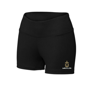 Black women's interval performance shorts with a gold pocket crest emblem and white Wrestling near the hem of the left leg