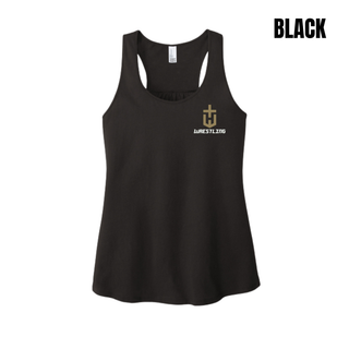 Black women's racerback tank with a gold pocket crest emblem and white Wrestling on the left chest