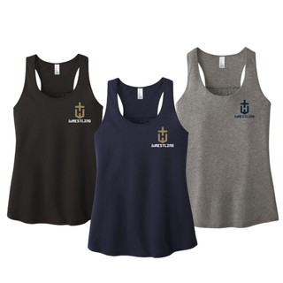 Black, new navy, and grey frost women's racerback tanks with a small pocket crest emblem and Wrestling lettering on the left chest