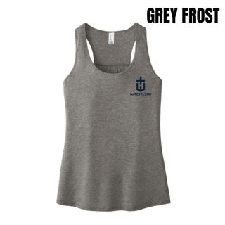 Grey frost women's racerback tank with a navy pocket crest emblem and Wrestling on the left chest