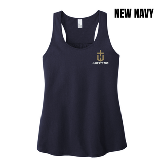 New navy women's racerback tank with a gold pocket crest emblem and white Wrestling on the left chest