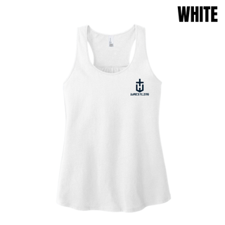White women's racerback tank with a navy pocket crest emblem and Wrestling on the left chest