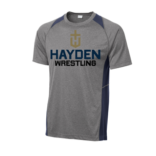 Heather grey Colorblock Contender Tee with navy shoulder and side panels, showing the Hayden Wildcats Wrestling Cross Crest on the front and the back.
