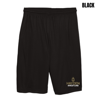 Hayden Wildcats Wrestling Cross Crest printed on the left leg of black cooling performance shorts