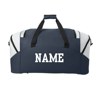 Back view of the navy and white duffel bag with a name printed on the rear panel.