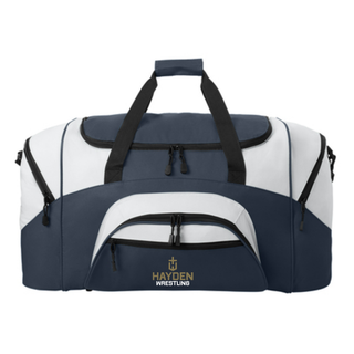 Front view of the navy and white duffel bag with the Hayden Wrestling Cross Crest printed on the front pocket.