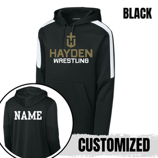 Black Fan Favorite colorblock pullover hoodie with white shoulder panels, Hayden Wildcats Wrestling Cross Crest, and an example personalized name on the back