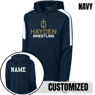 Additional view of the Fan Favorite colorblock hoodie with Hayden Wildcats Wrestling Cross Crest