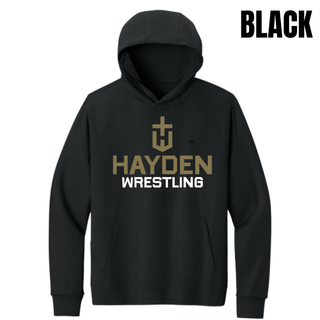 Black men's Dri-FIT Primary Hoodie featuring the Hayden Wildcats Wrestling Cross Crest across the front.