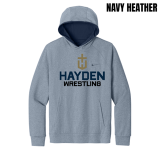 Navy Heather men's Dri-FIT Primary Hoodie featuring the Hayden Wildcats Wrestling Cross Crest across the front.