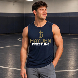 Man modeling the True Navy Hayden Wildcats Wrestling Cross Crest PosiCharge Competitor Tank