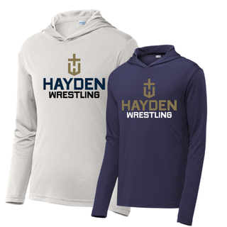 Hayden Wildcats Wrestling Cross Crest on the front of a light-colored PosiCharge hooded pullover