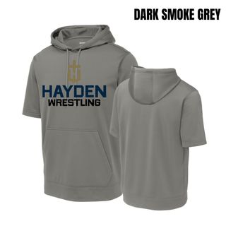 Dark Smoke Grey short sleeve hooded pullover featuring the Hayden Wildcats Wrestling Cross Crest on the front, shown front and back.