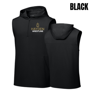 Black Hayden Wildcats Wrestling Cross Crest sleeveless hooded quarter-zip shown from the front and back.
