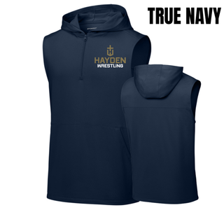 True Navy Hayden Wildcats Wrestling Cross Crest sleeveless hooded quarter-zip shown from the front and back.