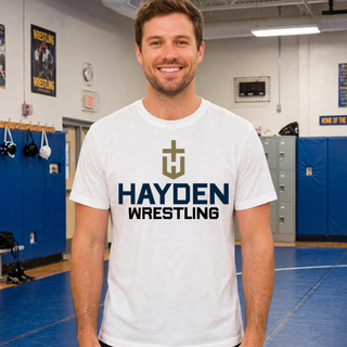 Hayden Wildcats Wrestling Cross Crest printed above Hayden Wrestling on a white short-sleeve tee