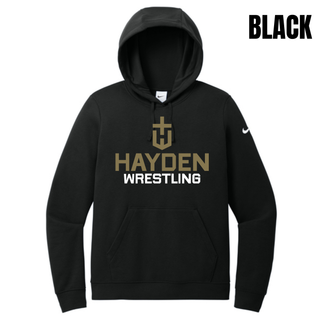 Alternate mockup of a black Women's Club Fleece Pullover Hoodie featuring the Hayden Wildcats Wrestling Cross Crest.