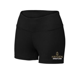 Hayden Wildcats Wrestling Cross Crest printed on the left leg of black women's interval performance shorts