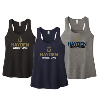 Women's racerback tank color options featuring the Hayden Wildcats Wrestling Cross Crest in black, new navy, and grey frost