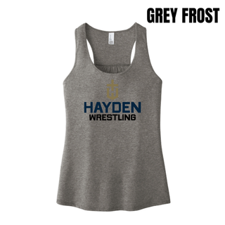 Grey Frost women's racerback tank with the Hayden Wildcats Wrestling Cross Crest printed on the front
