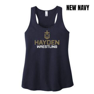 New Navy women's racerback tank with the Hayden Wildcats Wrestling Cross Crest printed on the front
