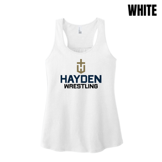 White women's racerback tank with the Hayden Wildcats Wrestling Cross Crest printed on the front