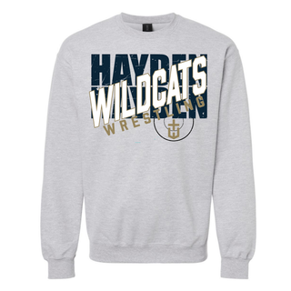 Ash grey crewneck sweatshirt with a large centered Hayden Wildcats Wrestling design featuring distressed navy lettering, white Wildcats lettering outlined in gold, and a circular H crest.