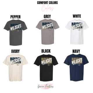 Comfort Colors tee color options shown with the centered Hayden Wildcats Wrestling crossed lettering and H crest design.