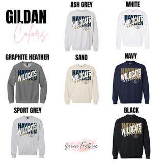 Gildan crewneck color options shown with the centered Hayden Wildcats Wrestling crossed lettering and H crest design.