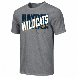 Heather grey short sleeve tee with a large centered Hayden Wildcats Wrestling design: distressed navy lettering, oversized white Wildcats lettering outlined in gold, and a circular H crest.