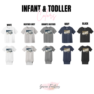 Infant and toddler color options shown on tees and bodysuits with the centered Hayden Wildcats Wrestling crossed lettering and H crest design.