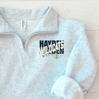 Hayden Wildcats Wrestling crossed lettering and mat design printed on the left chest of a cadet quarter-zip