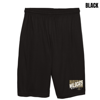Front and back view of Black Hayden Wildcats cooling performance shorts with team design near the leg hem
