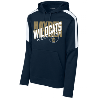 Hayden Wildcats Wrestling crossed lettering design shown on fleece hoodie mockups in multiple colors